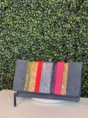 Stella & Dot Multicolor Stripe Fold-Over Clutch Bag -Navy Suede